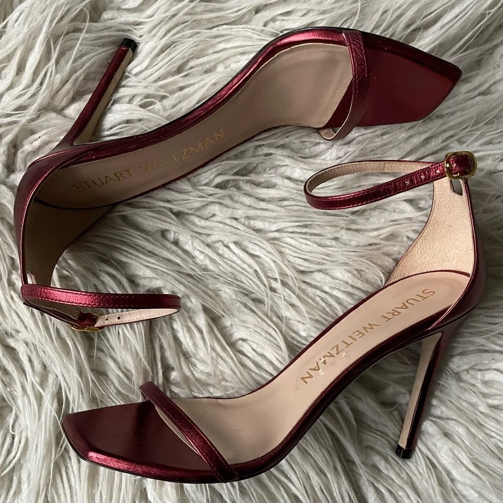 Stuart Weitzman Metallic Red Leather Nudistcurve 100mm Heeled Strap Sandal Sz 9